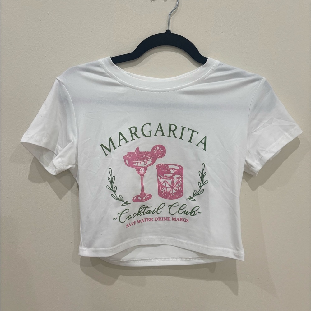 SHEIN White Crop Top with Pink & Green Margarita Graphic